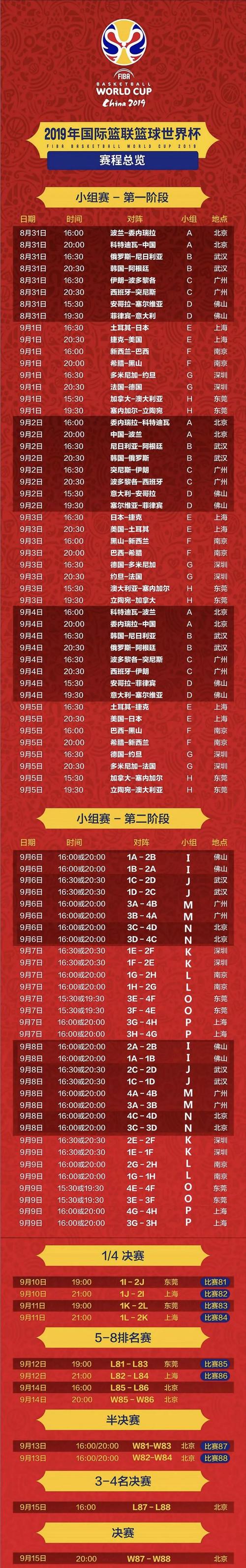 中国男篮世预赛赛程